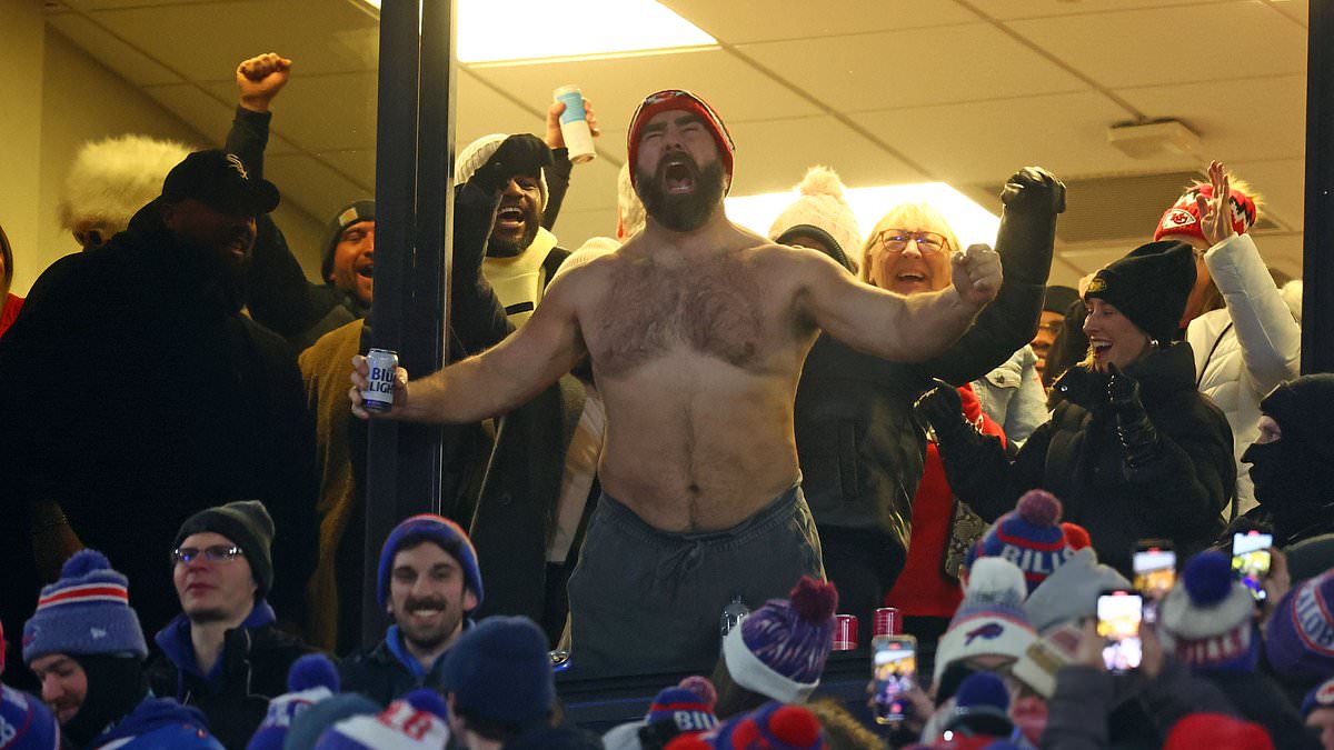 taylor-alert-–-jason-kelce-steals-the-limelight-from-taylor-swift-with-his-shirtless-beer-chugging-as-brother-travis-helped-steer-chiefs-to-win-over-bills-–-after-meeting-megastar-for-first-time-amid-rumors-of-‘frosty-relations’