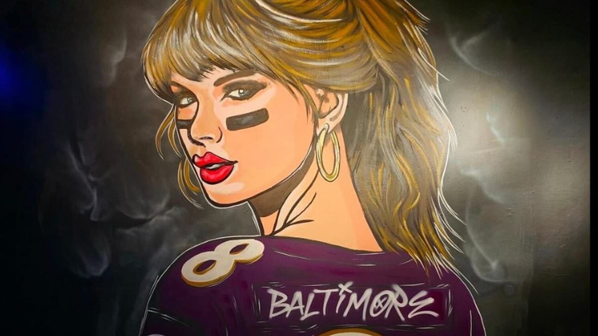 taylor-alert-–-baltimore-graffiti-artist-paints-a-mural-of-taylor-swift-dressed-in-lamar-jackson’s-ravens-jersey-ahead-of-travis-kelce-and-the-chiefs’-afc-championship-game